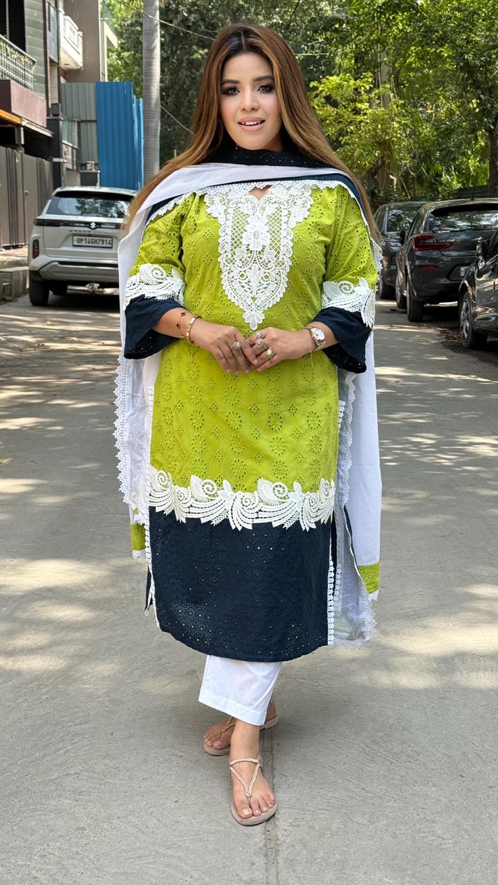 Aaryashree Schiffli Suit Set- Yellow, Green