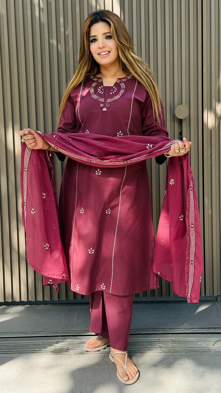 Rishvika Cotton Suit Set- Purple, Brown