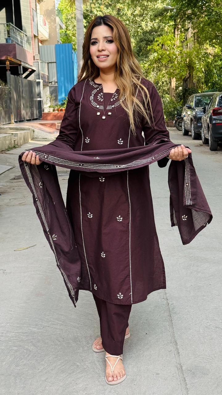 Rishvika Cotton Suit Set- Purple, Brown