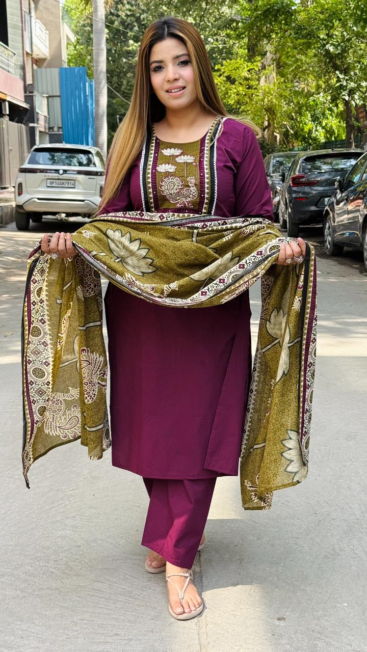 Sharul Cotton Suit Set- Purple, Blue