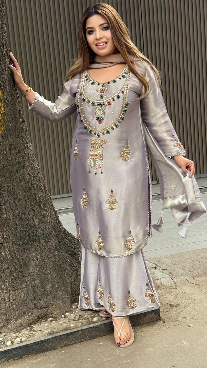 Zaranshi Organza Suit Set- Lavender, Green, Beige