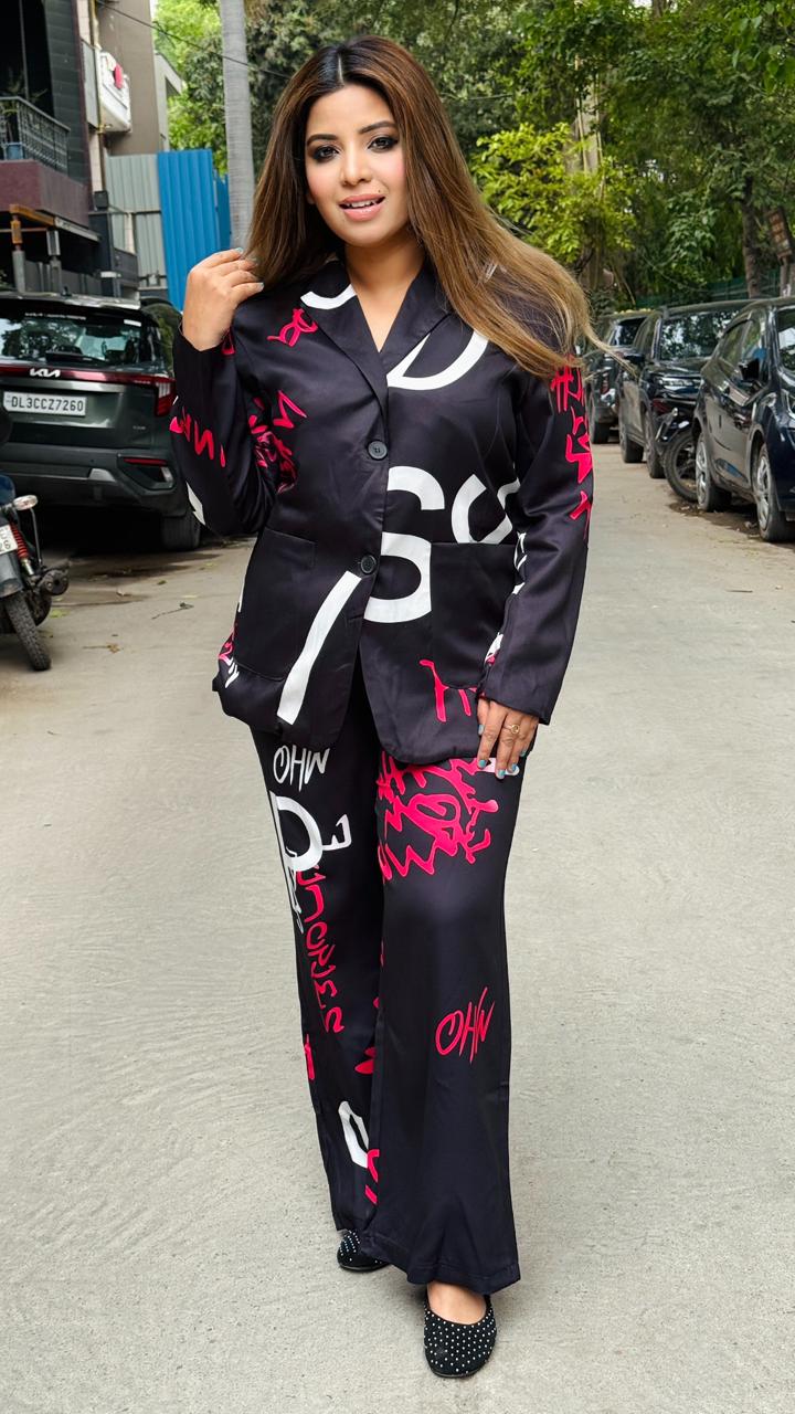 Zarielle Satin Blazer Set- Black