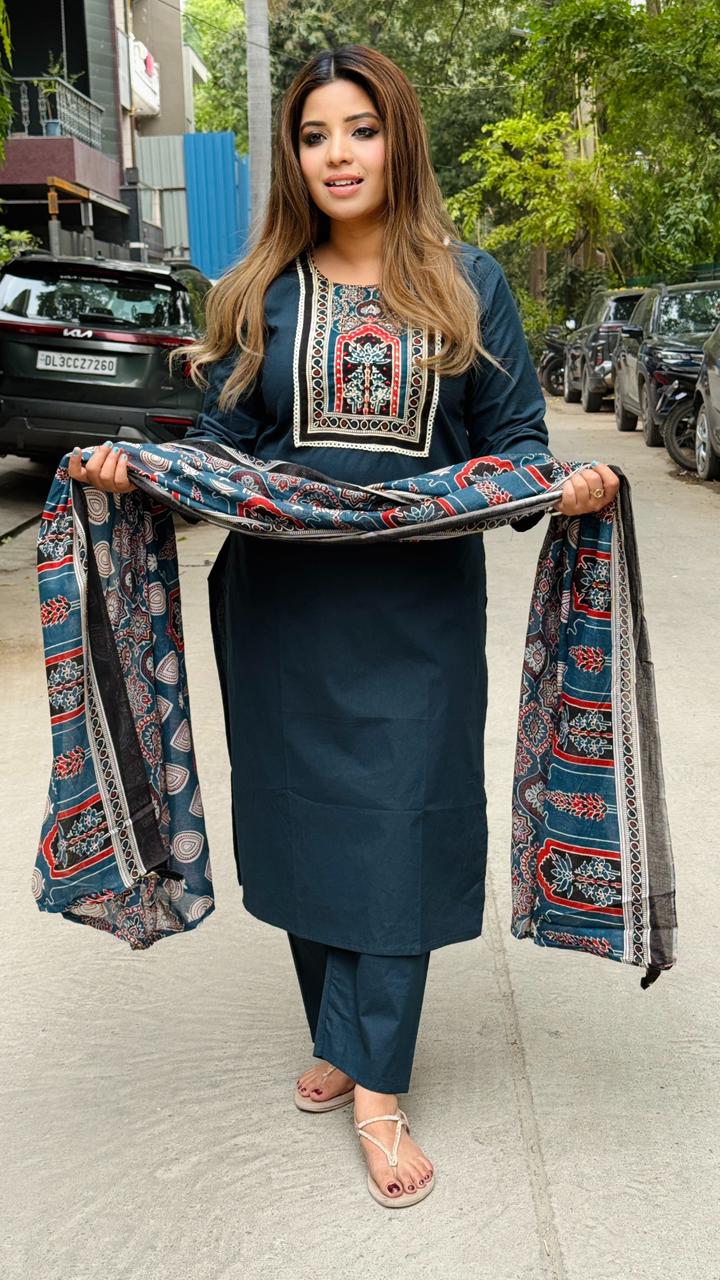 Saavika Cotton Suit Set- Orange, Navy