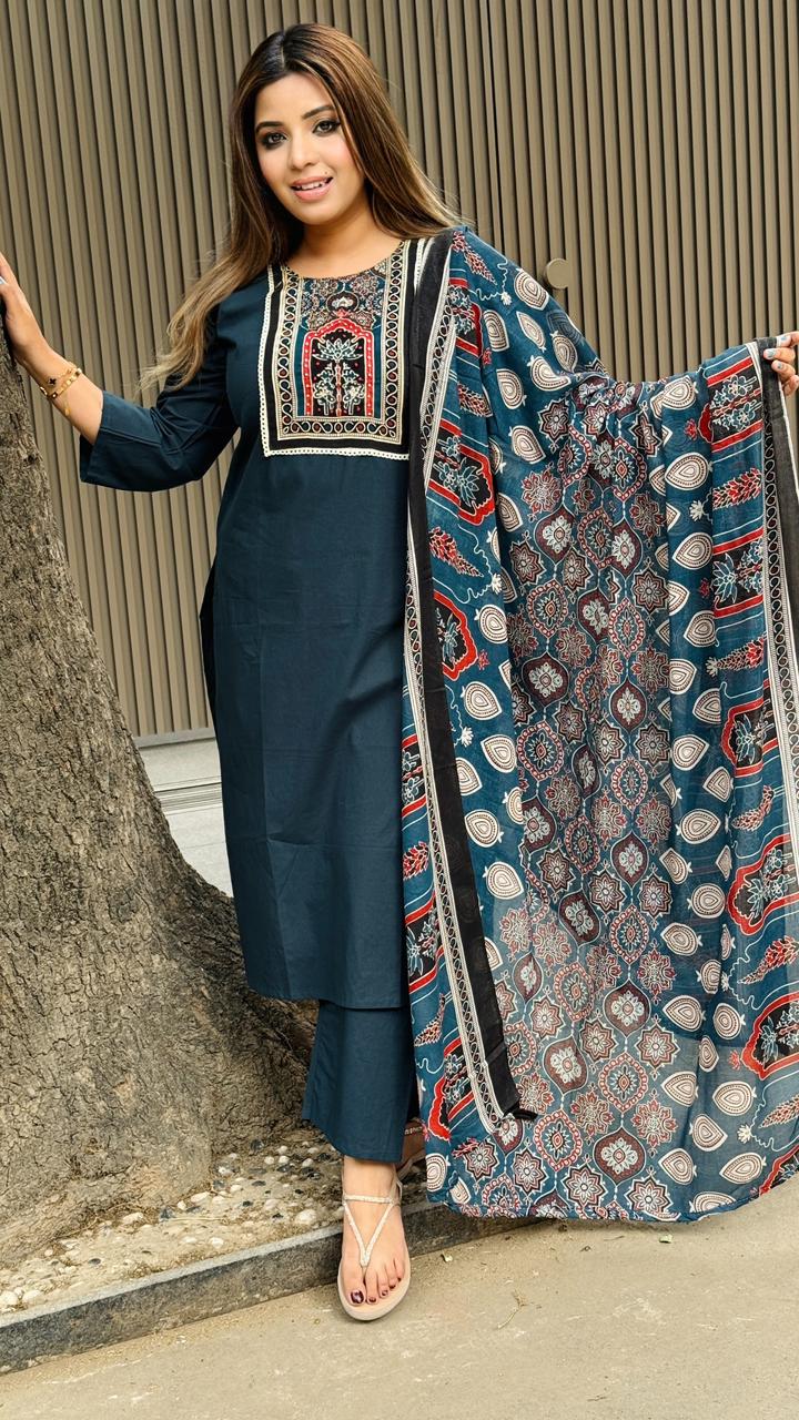 Saavika Cotton Suit Set- Orange, Navy