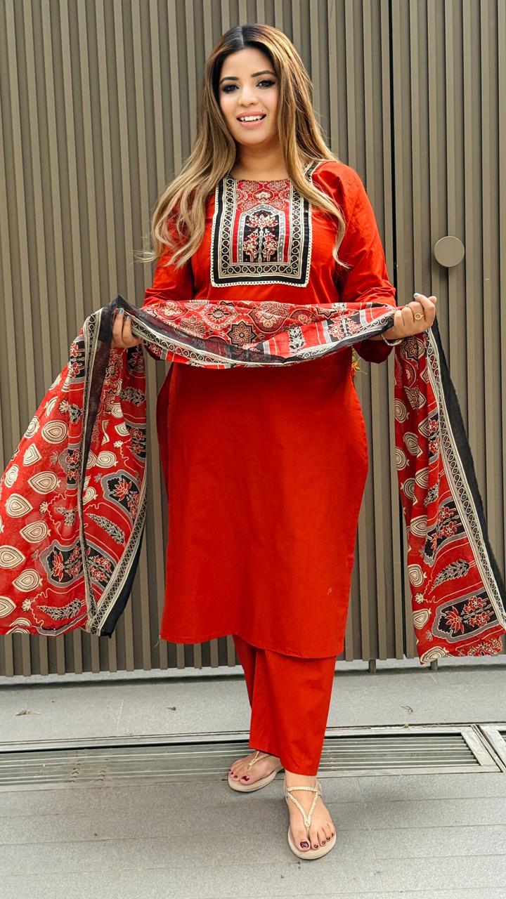 Saavika Cotton Suit Set- Orange, Navy