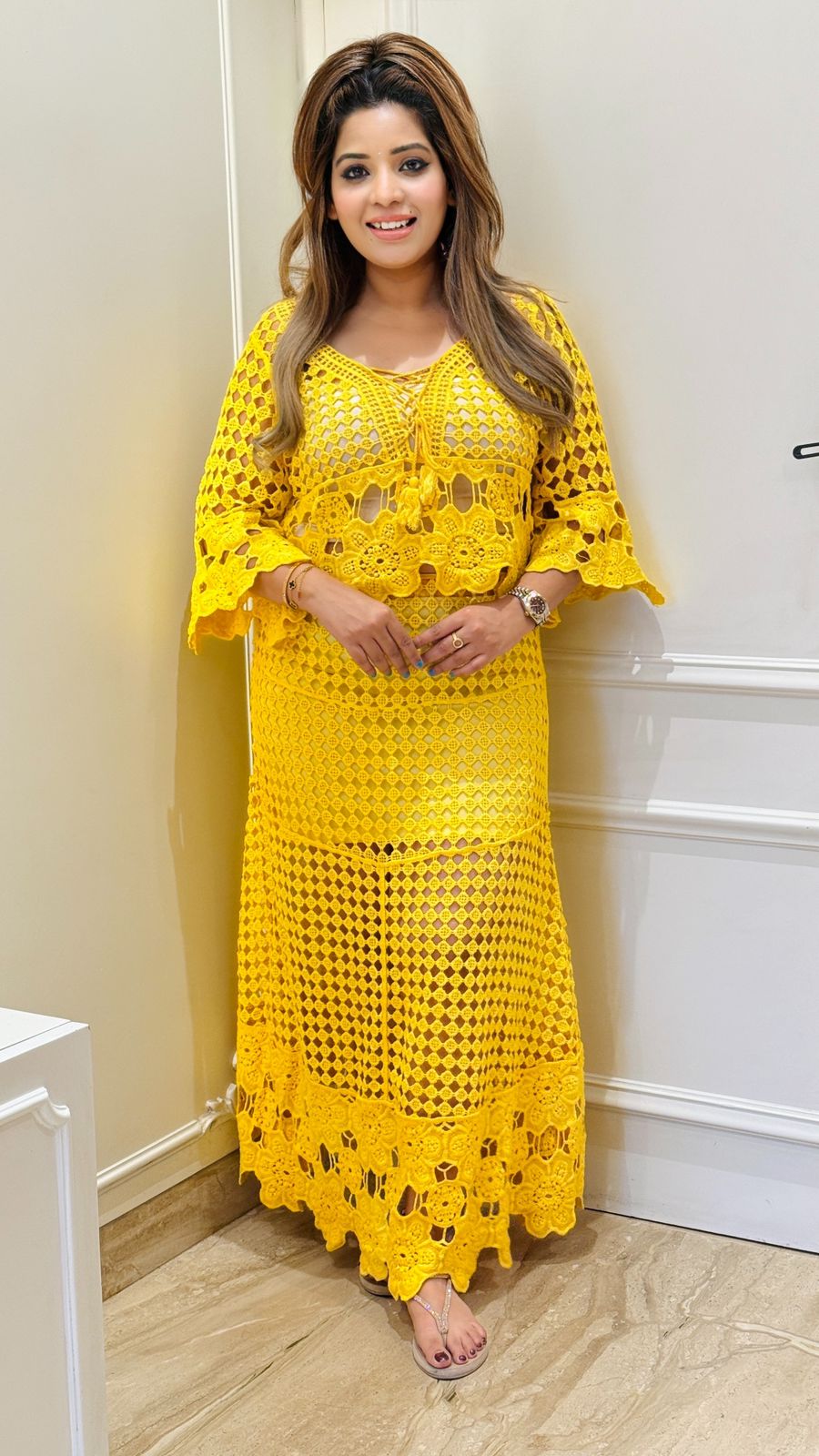 Iravanshika Net Skirt Set- Yellow, White