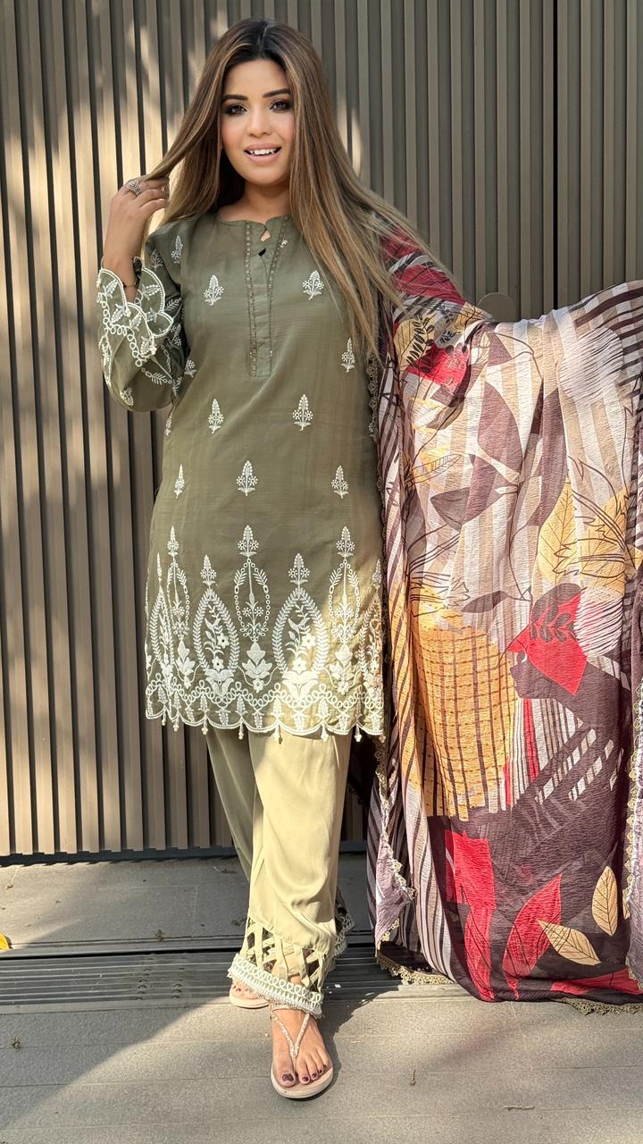 Iravikaara Cotton Aari Suit Set- Brown, Blue, Green