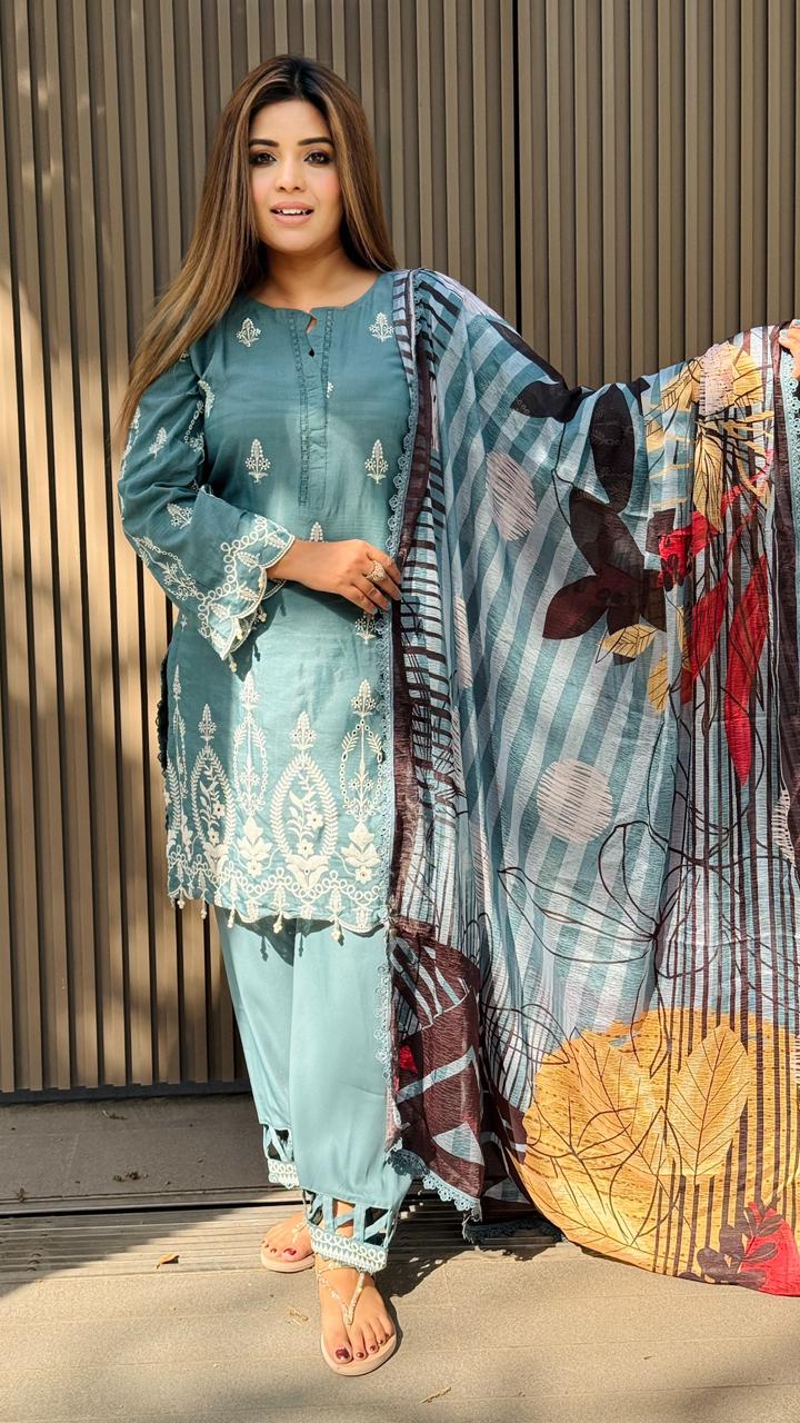 Iravikaara Cotton Aari Suit Set- Brown, Blue, Green