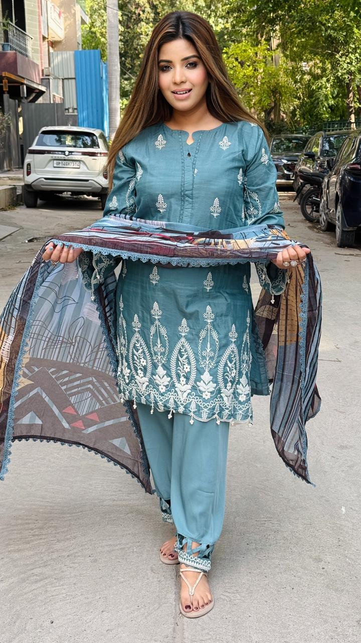 Iravikaara Cotton Aari Suit Set- Brown, Blue, Green