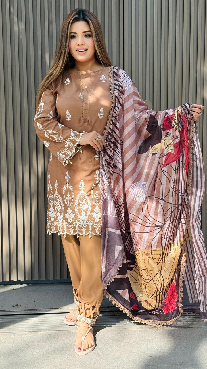 Iravikaara Cotton Aari Suit Set- Brown, Blue, Green