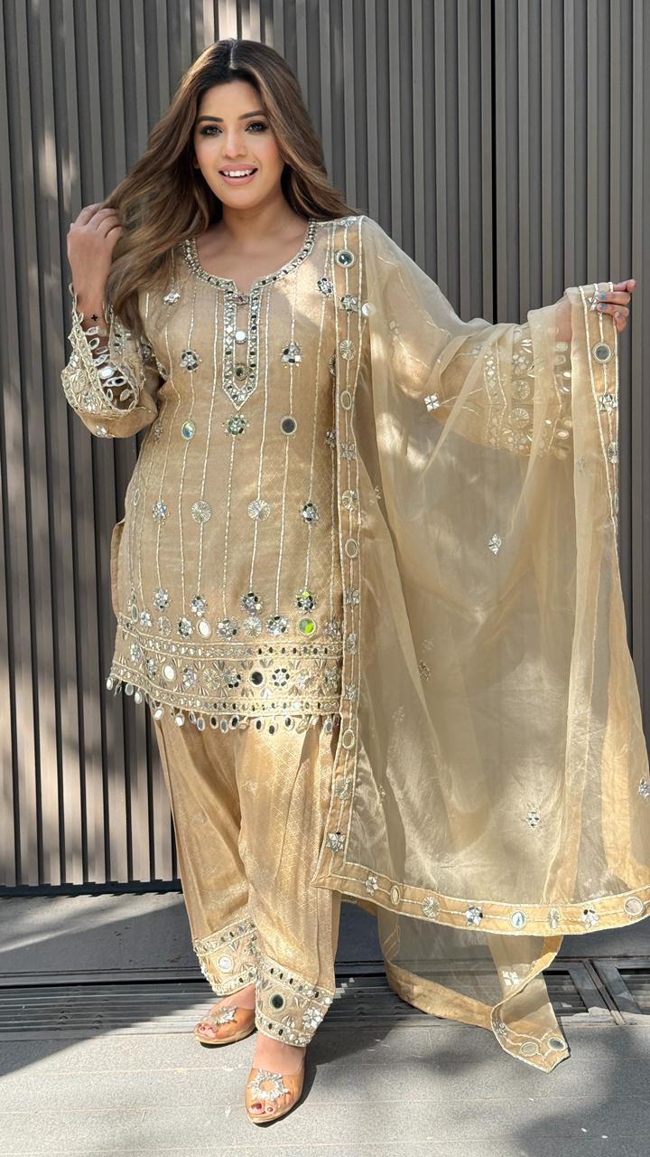 Gulraaya Shimmer Cotton Suit Set- Beige