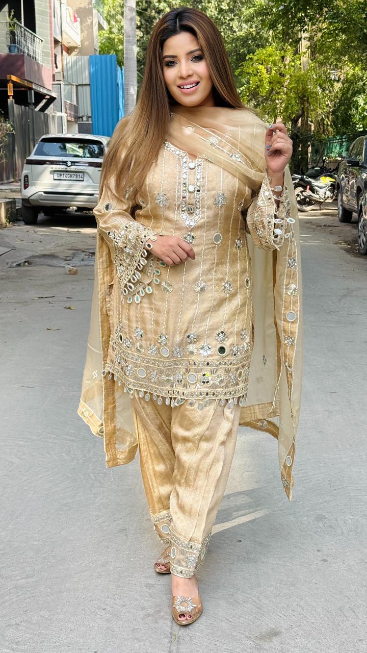 Gulraaya Shimmer Cotton Suit Set- Beige