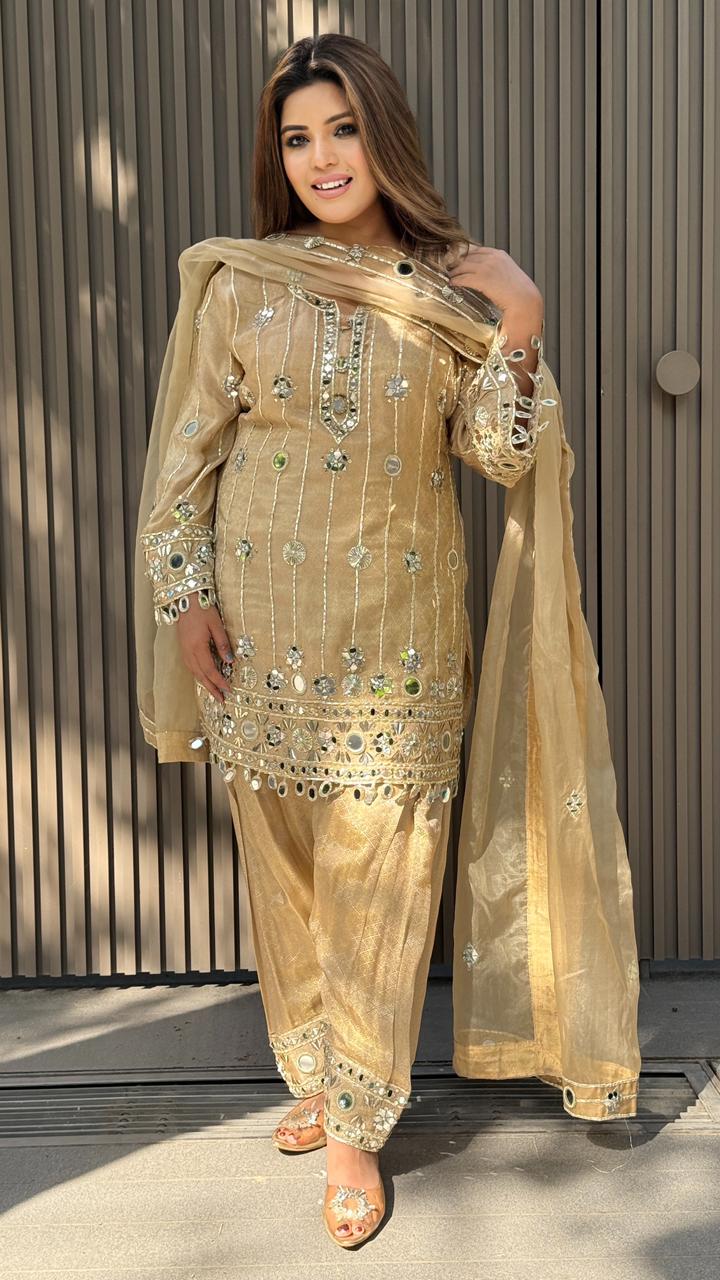 Gulraaya Shimmer Cotton Suit Set- Beige