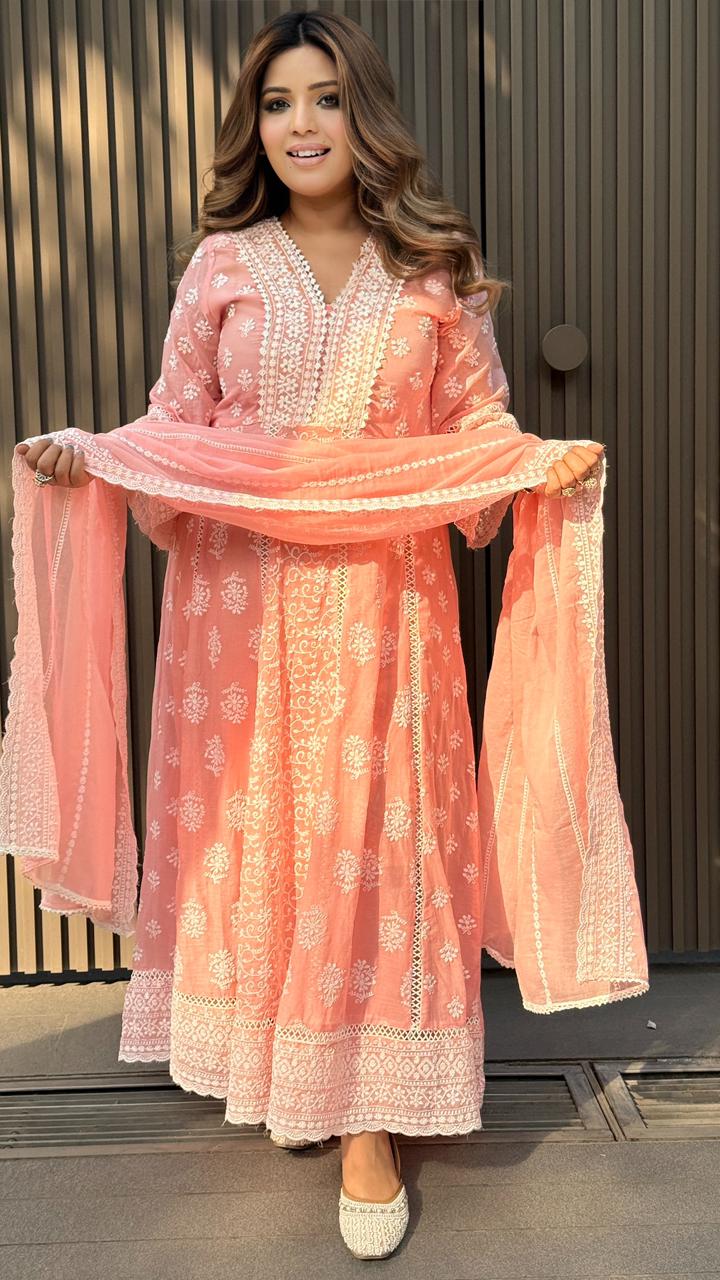 Noorika Lakhnavi Anarkali Suit Set- Blue, Pink, Peach, Orange