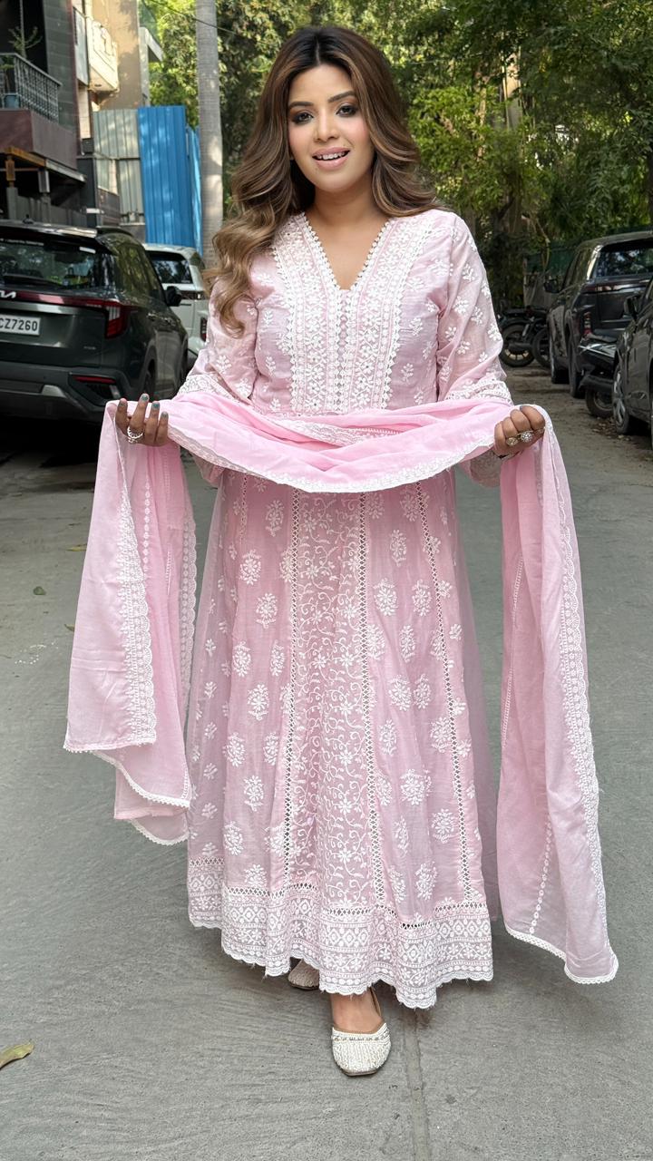 Noorika Lakhnavi Anarkali Suit Set- Blue, Pink, Peach, Orange