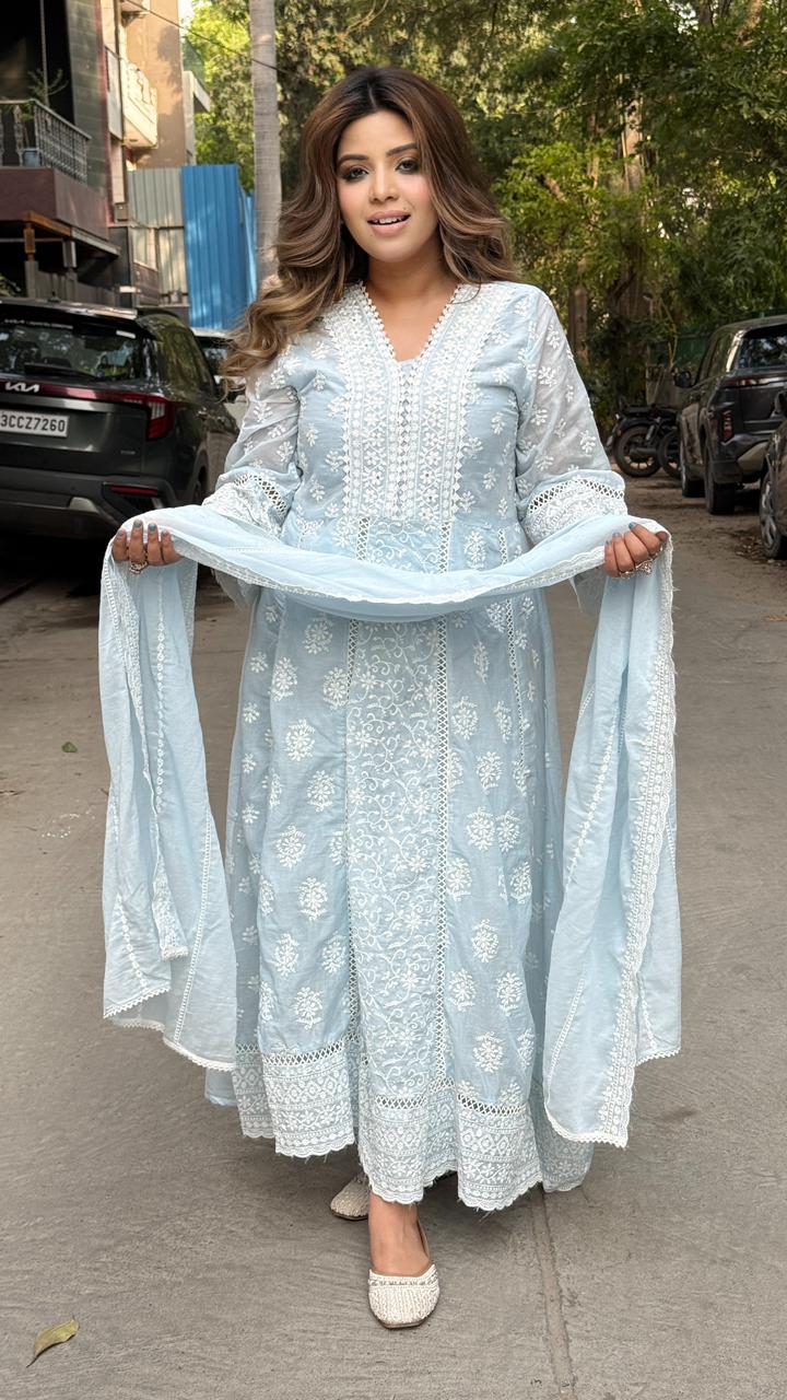 Noorika Lakhnavi Anarkali Suit Set- Blue, Pink, Peach, Orange