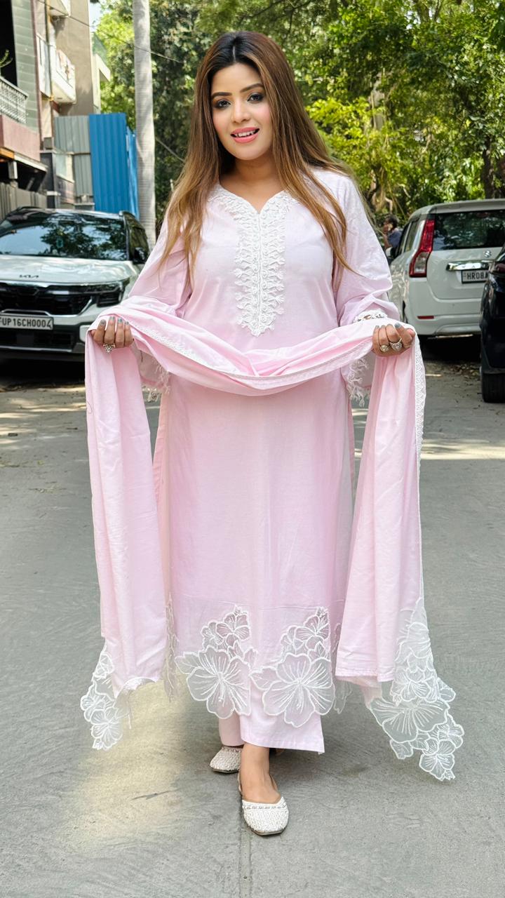 Rishvaya Cotton Suit Set= Pink