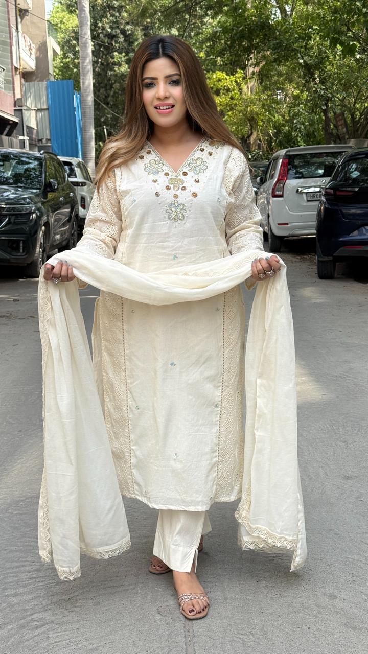 Saavanshi Pure Cotton Suit Set- Beige