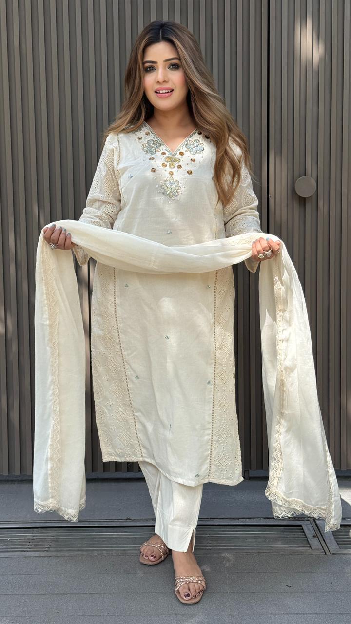 Saavanshi Pure Cotton Suit Set- Beige