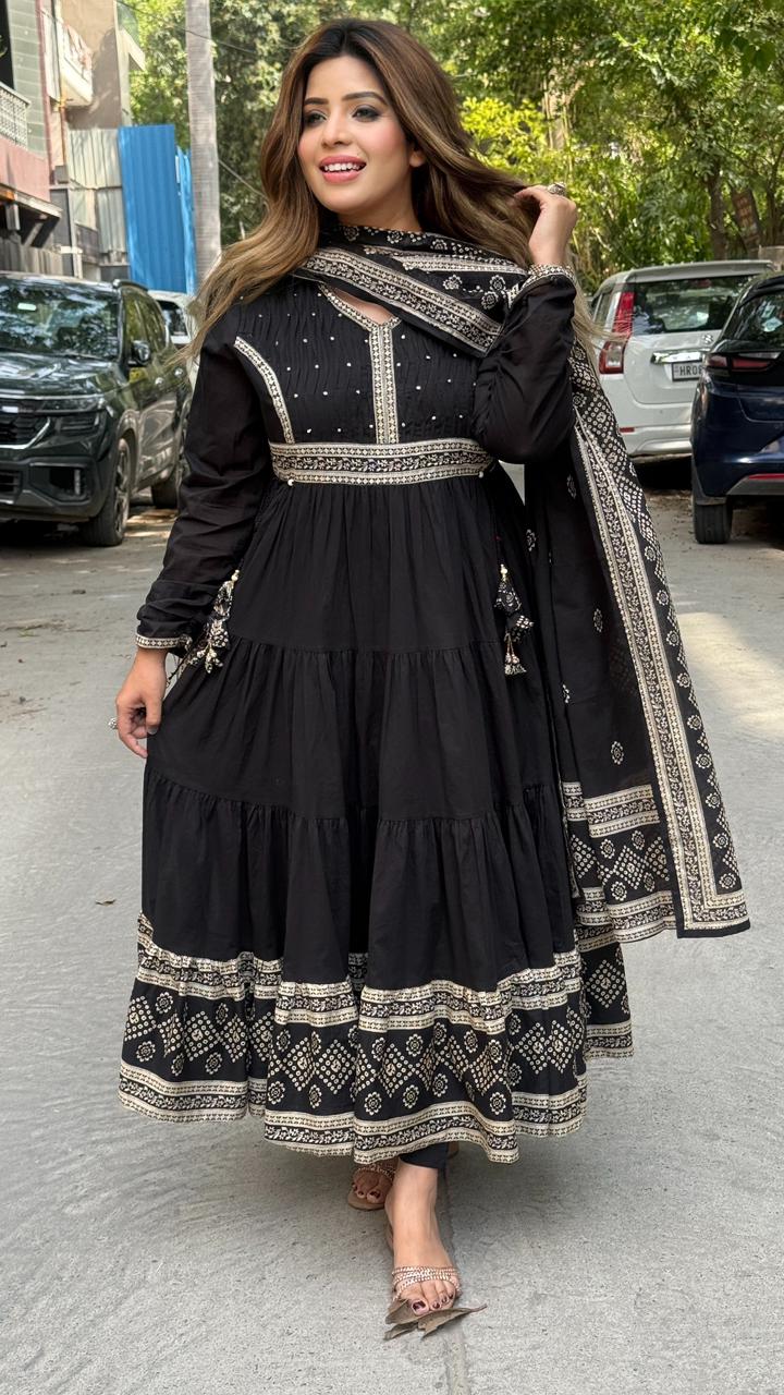 Kavishriya Cotton Anarkali Suit Set- Black