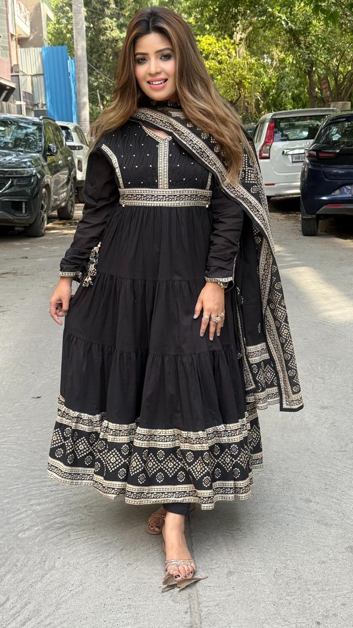 Kavishriya Cotton Anarkali Suit Set- Black