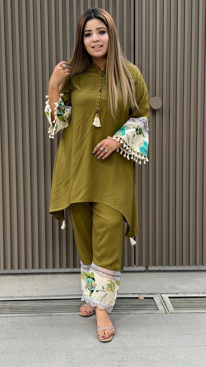 Varnisha Cotton Suit Set- Green, Orange