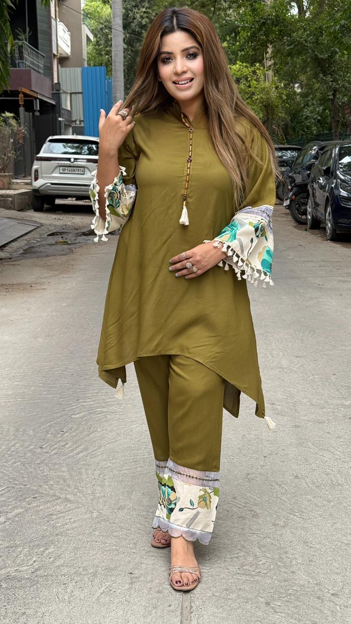 Varnisha Cotton Suit Set- Green, Orange