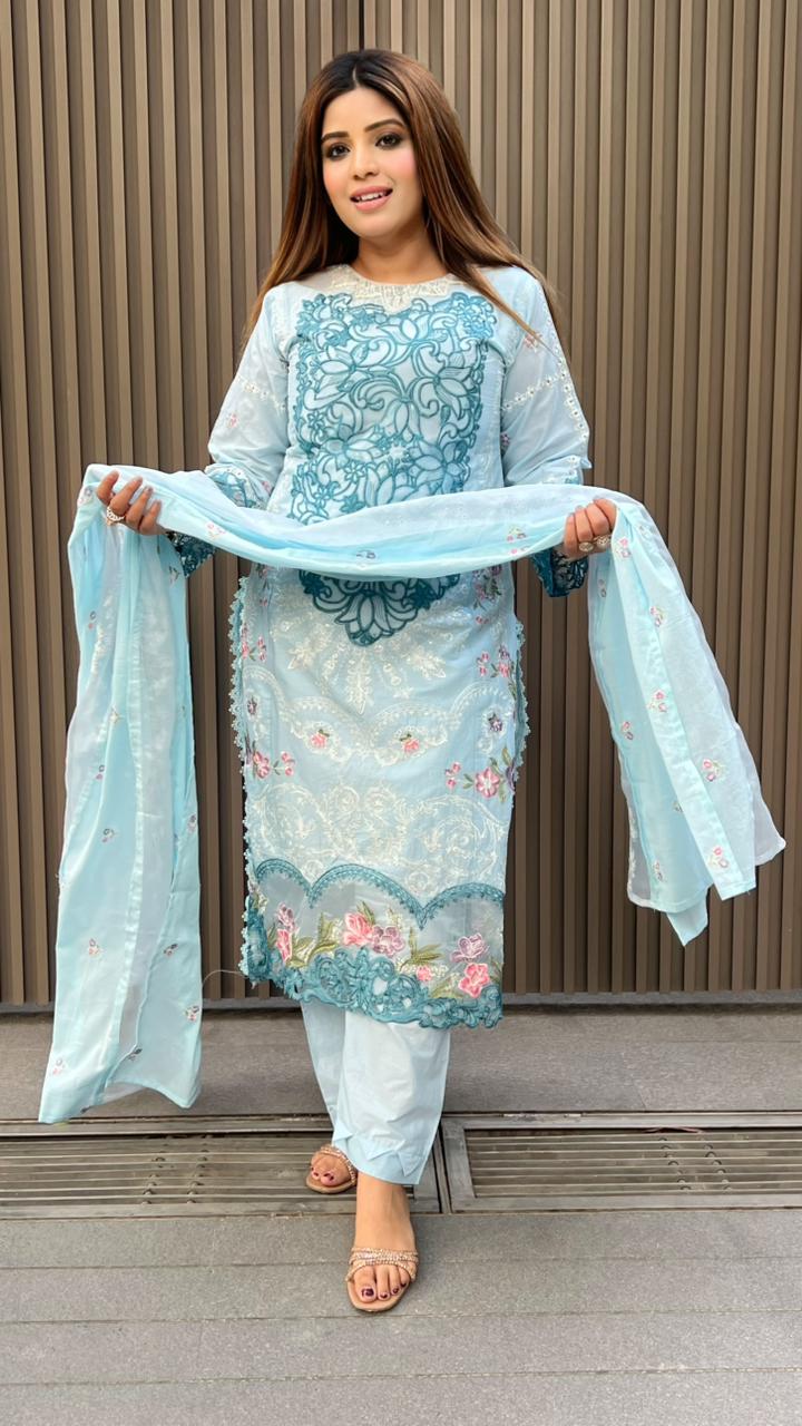 Mehrunisa Cotton Suit Set- Pink, Blue