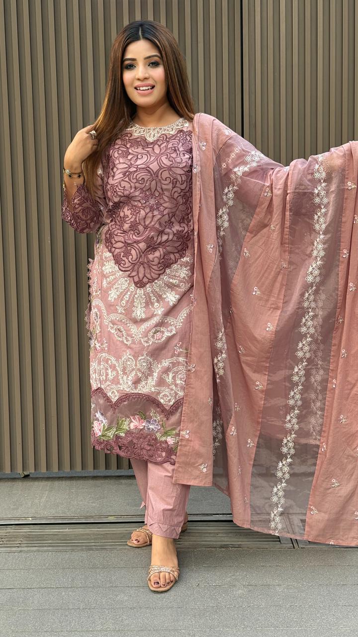 Mehrunisa Cotton Suit Set- Pink, Blue