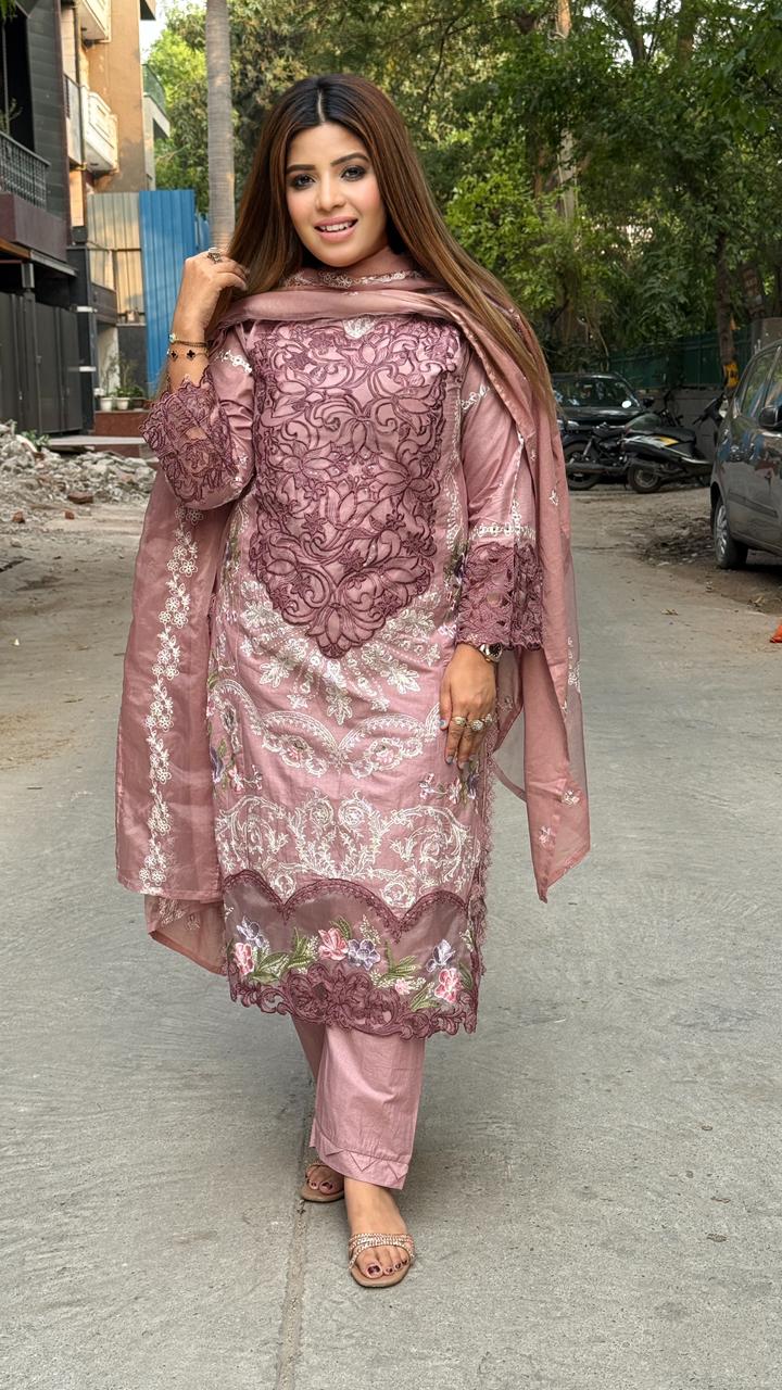 Mehrunisa Cotton Suit Set- Pink, Blue