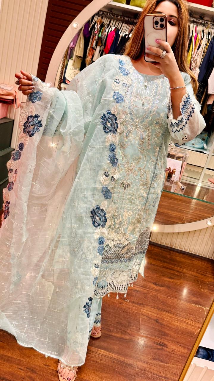Zehvanya Cotton Silk Suit Set- Beige, White, Blue