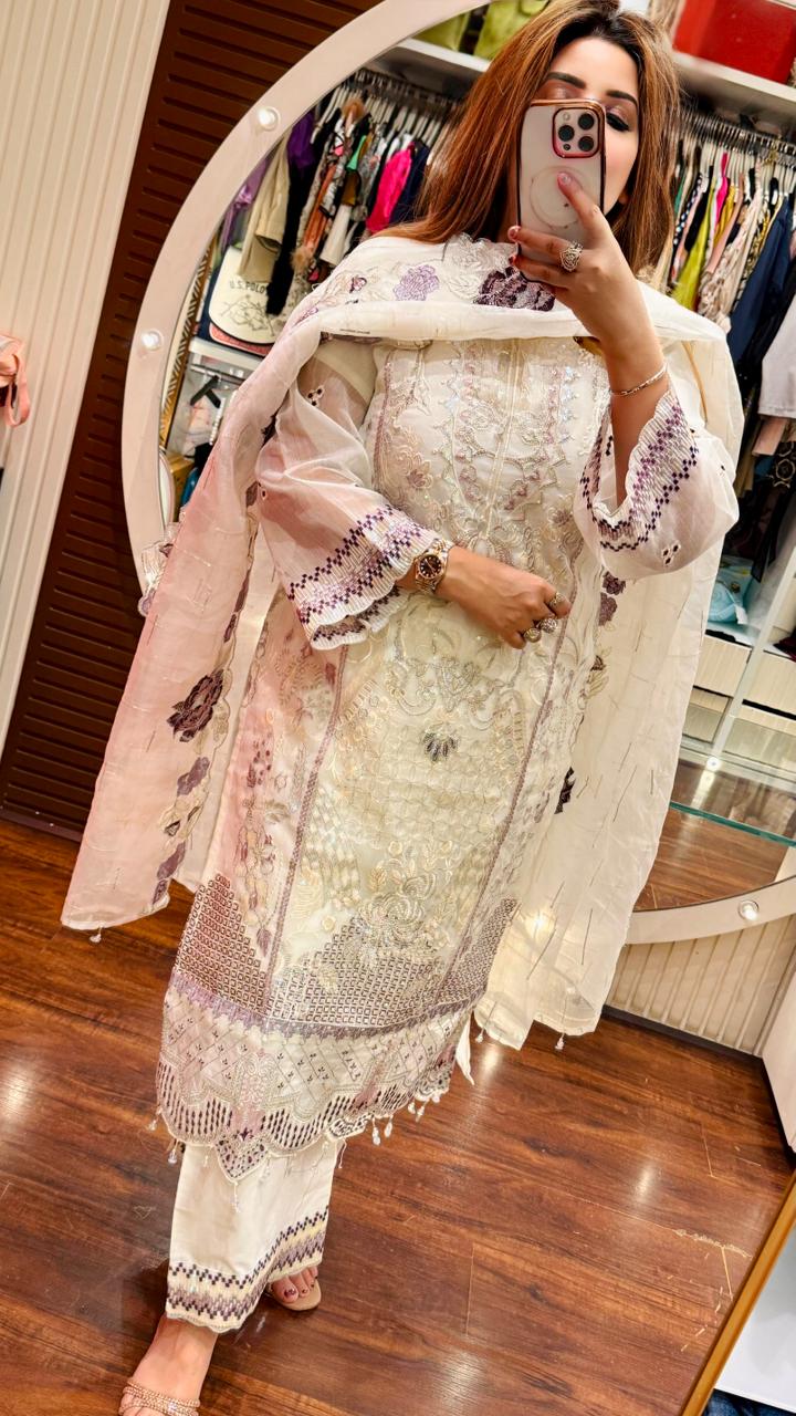 Zehvanya Cotton Silk Suit Set- Beige, White, Blue