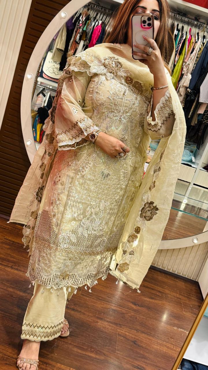 Zehvanya Cotton Silk Suit Set- Beige, White, Blue