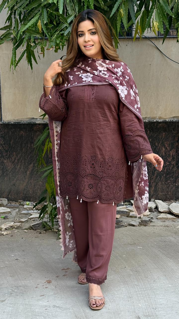 Rivashika Cotton Suit Set- Purple, Navy