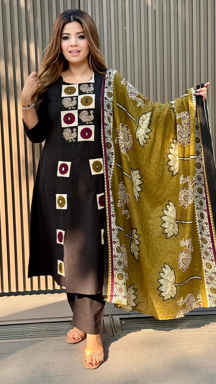 Mahek Cotton Suit Set- Black, Maroon