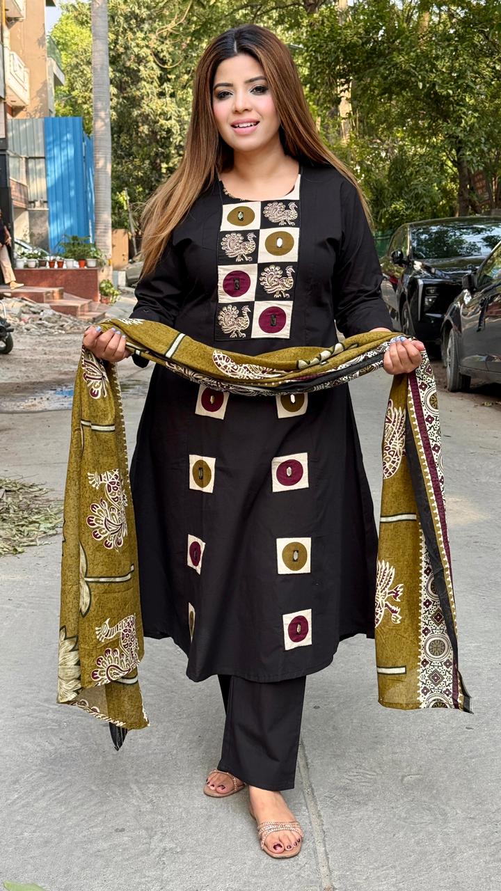 Mahek Cotton Suit Set- Black, Maroon