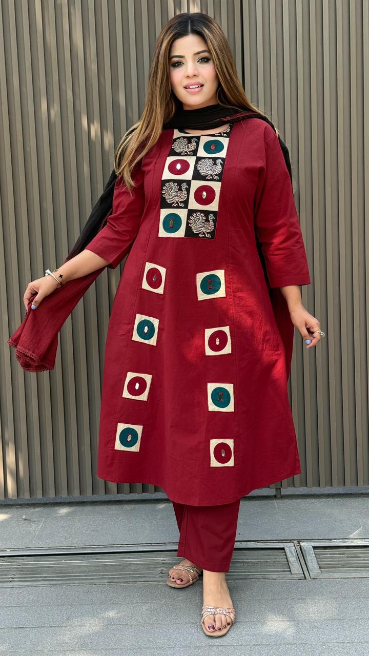 Mahek Cotton Suit Set- Black, Maroon