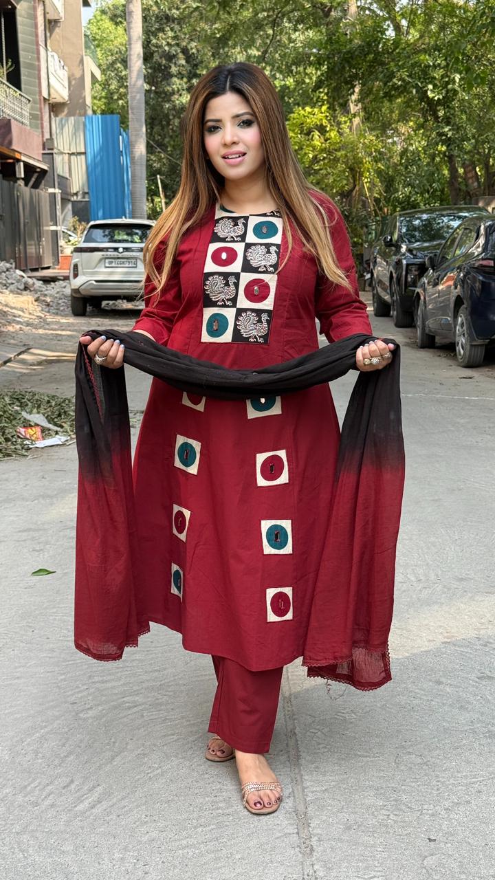 Mahek Cotton Suit Set- Black, Maroon