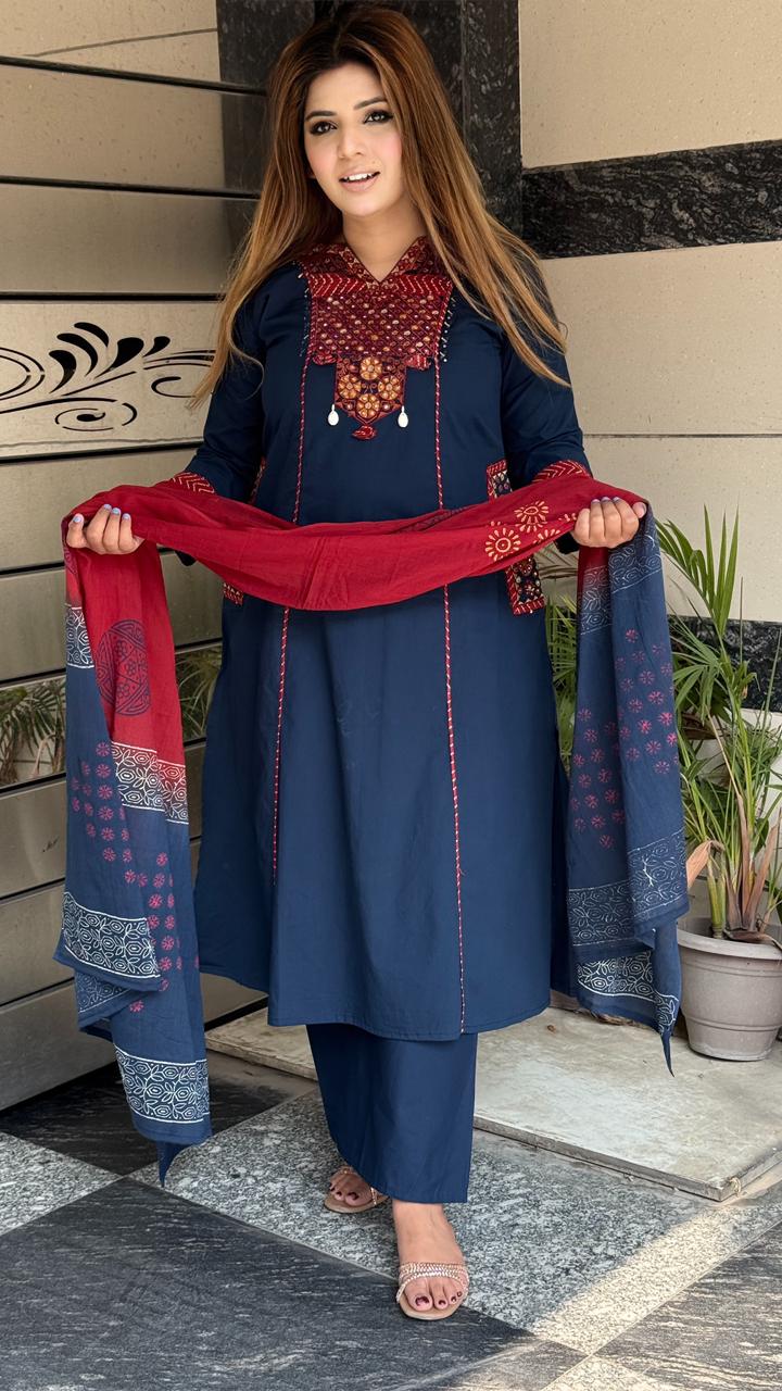 Heer A-Line Suit Set- Navy, Brown, Green