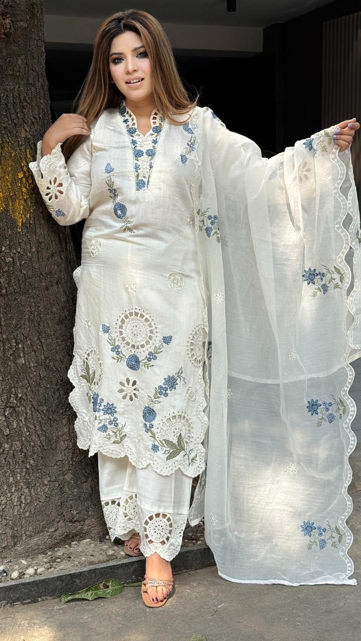 Chandni Cotton Scallop Suit Set- White