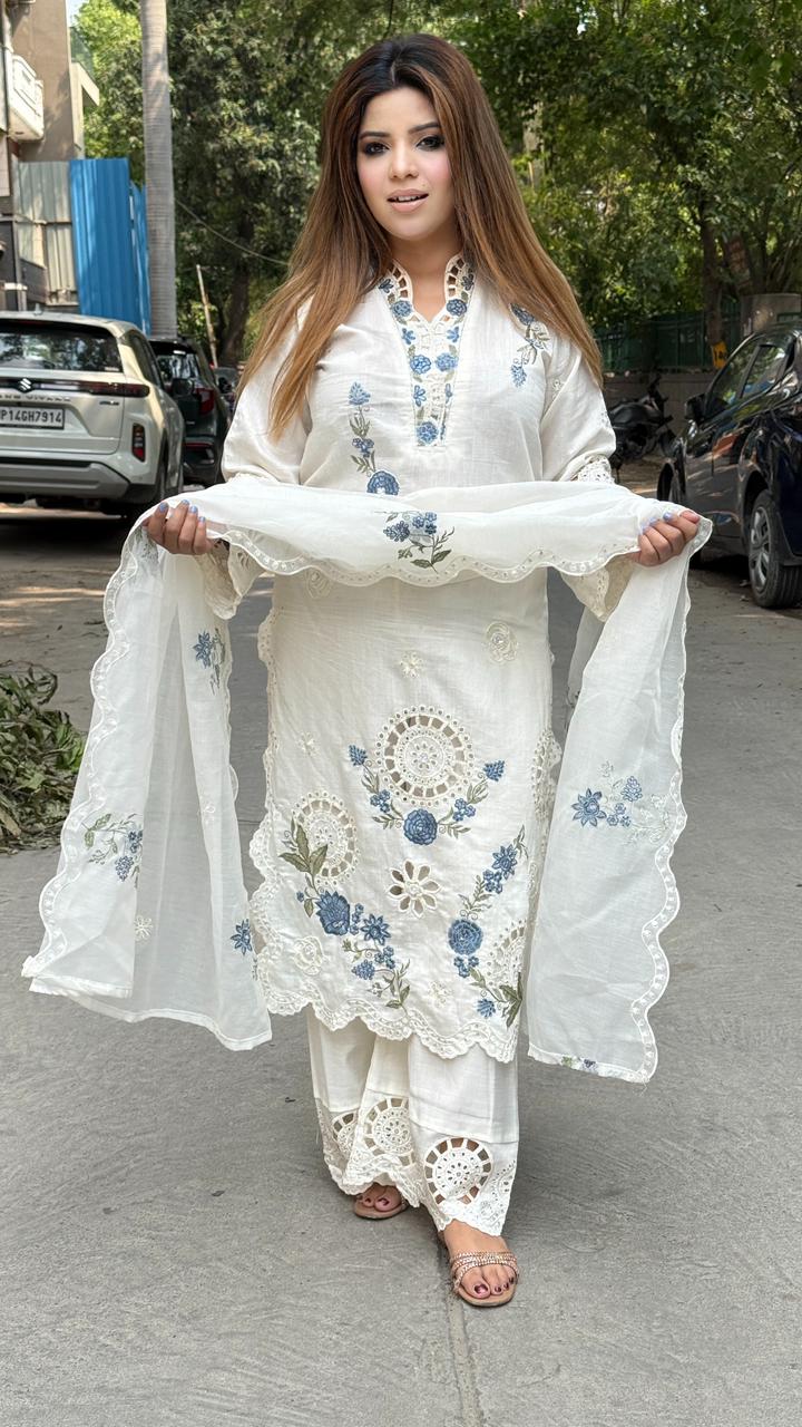 Chandni Cotton Scallop Suit Set- White
