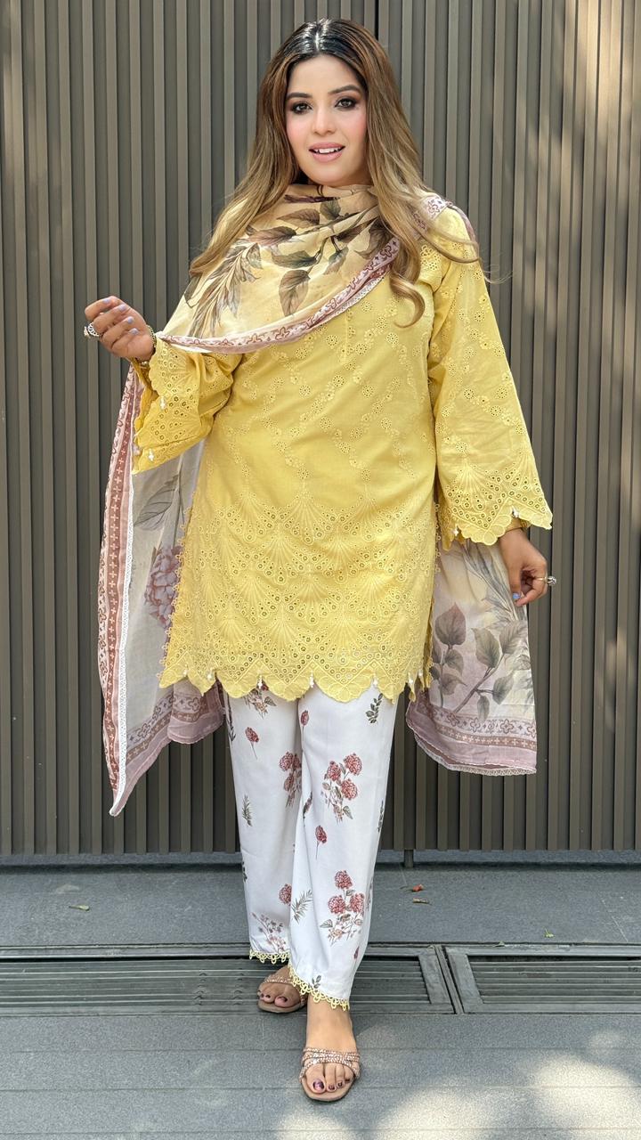 Noorzaara Cotton Suit Set- Yellow