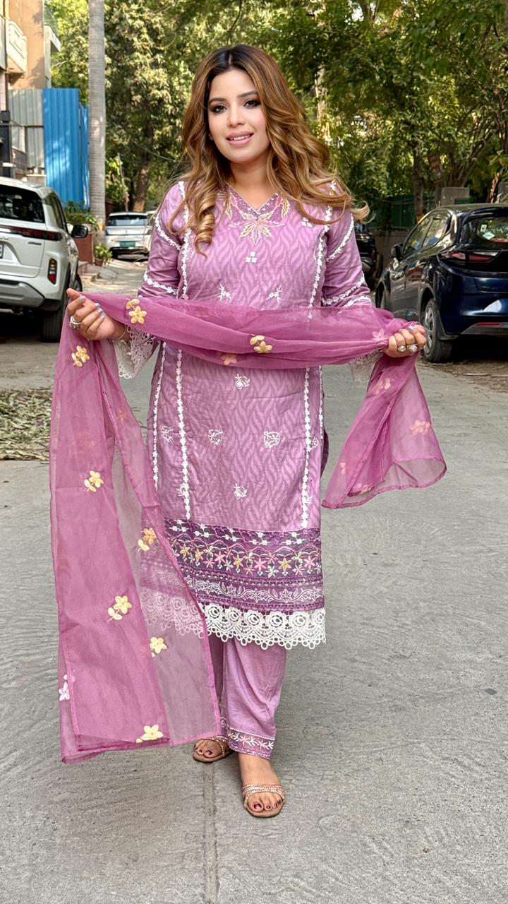 Arushi Cotton Self Suit Set- Purple