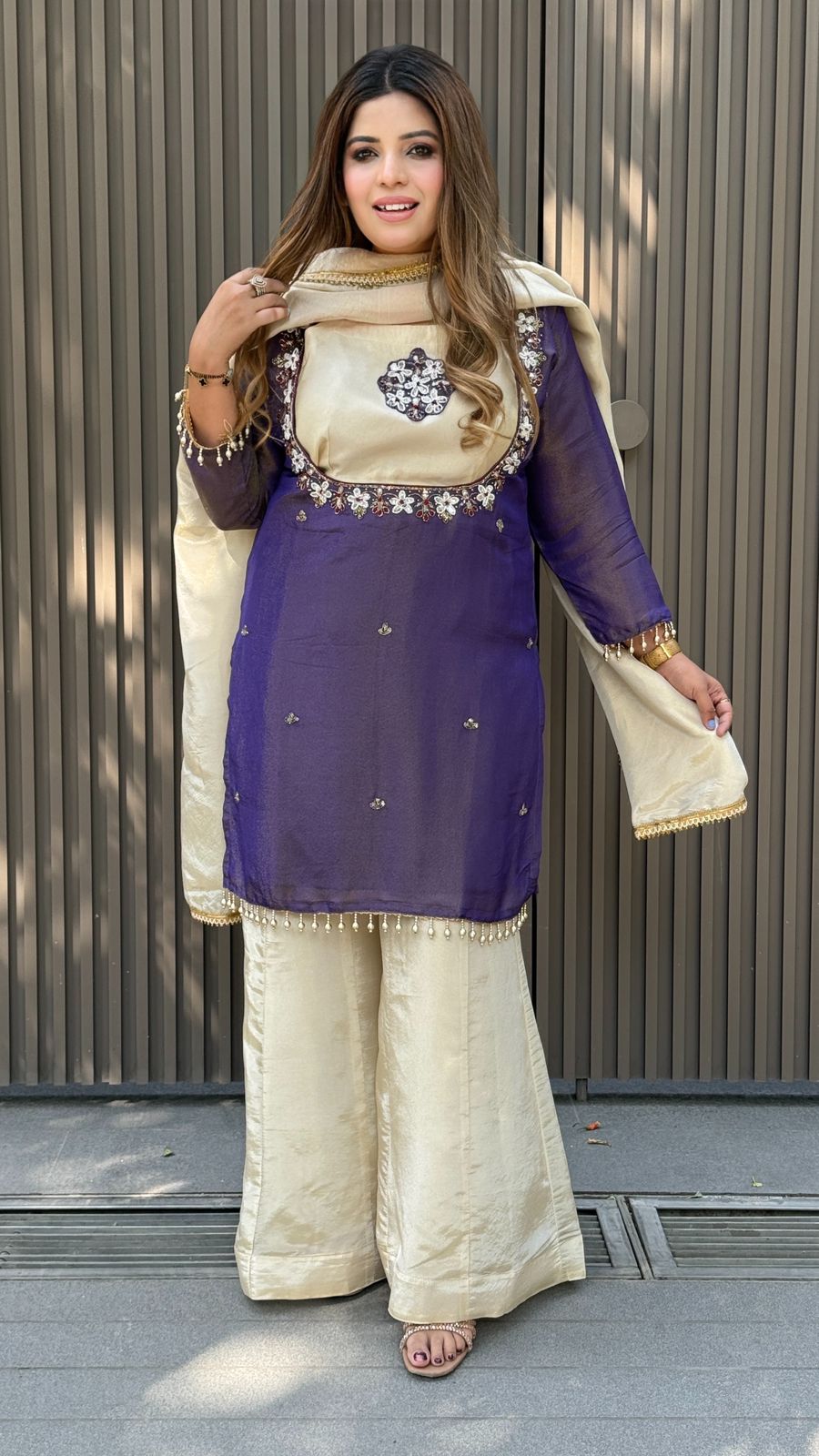 Phulkari Shimmer Plazo Suit Set- Red, Purple