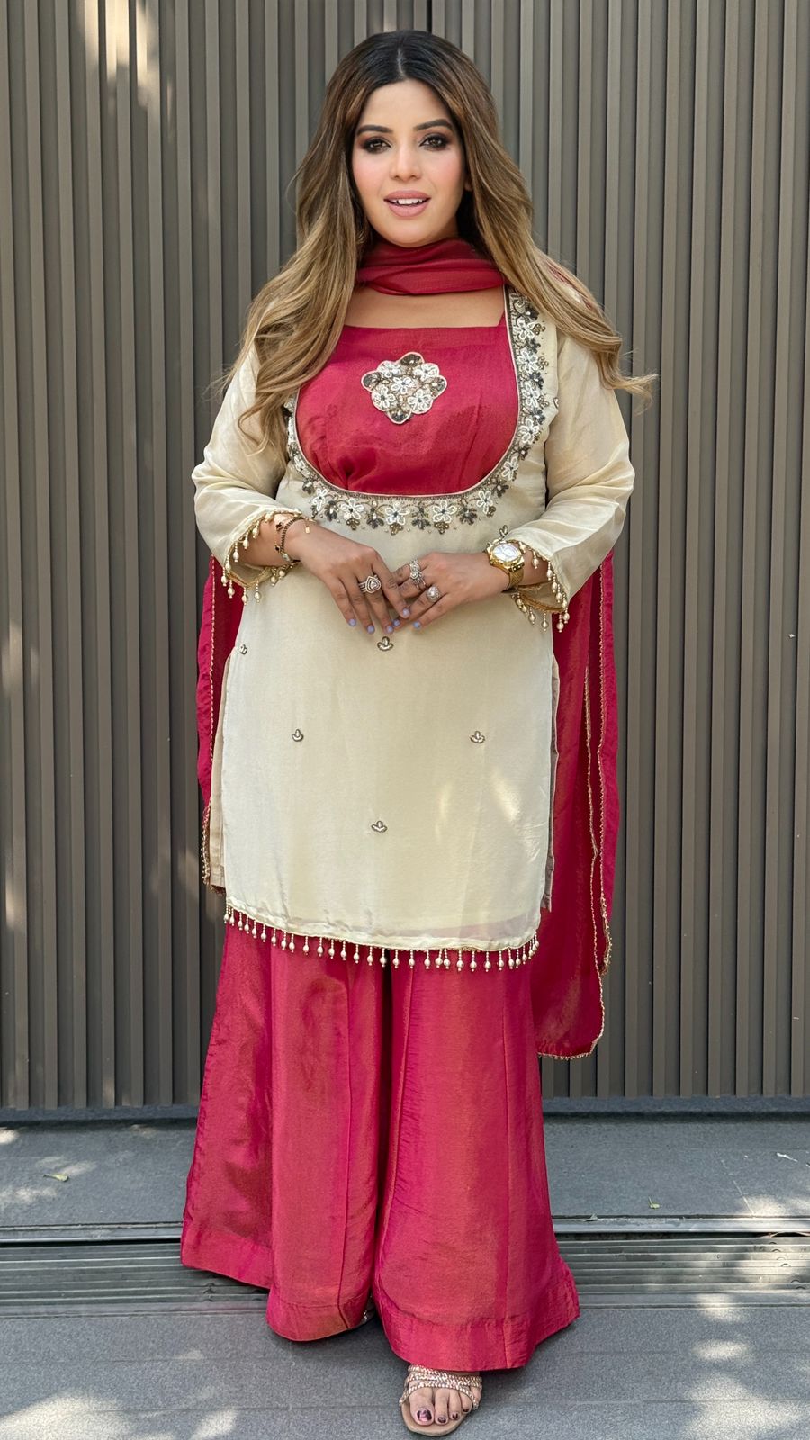 Phulkari Shimmer Plazo Suit Set- Red, Purple