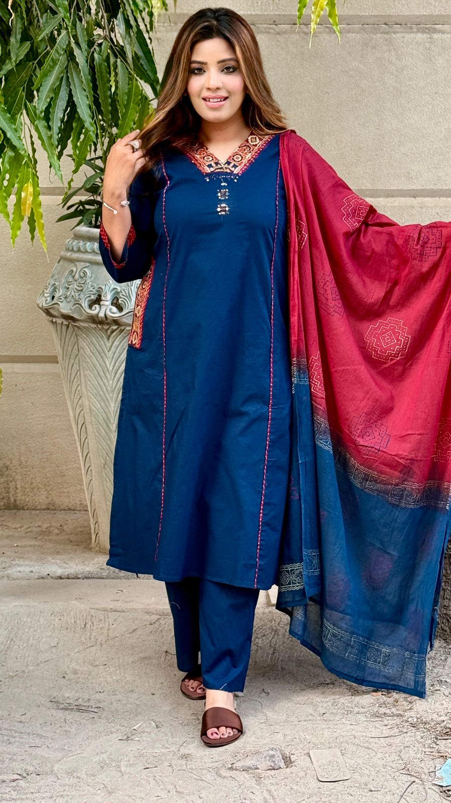 Diya Cotton A-Line Suit Set- Navy, Brown