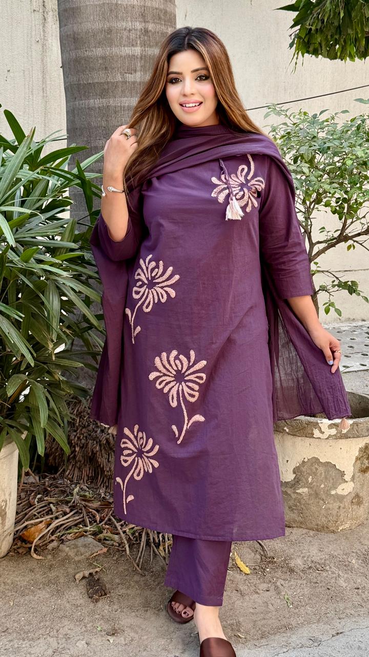 Ridhi Cotton A-Line Suit Set- Purple