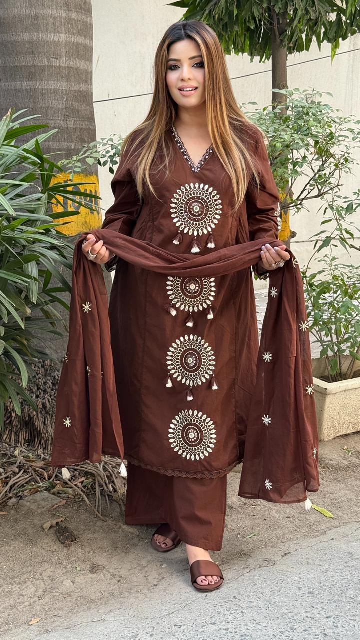 Vaani Cotton A-Line Suit Set- Brown