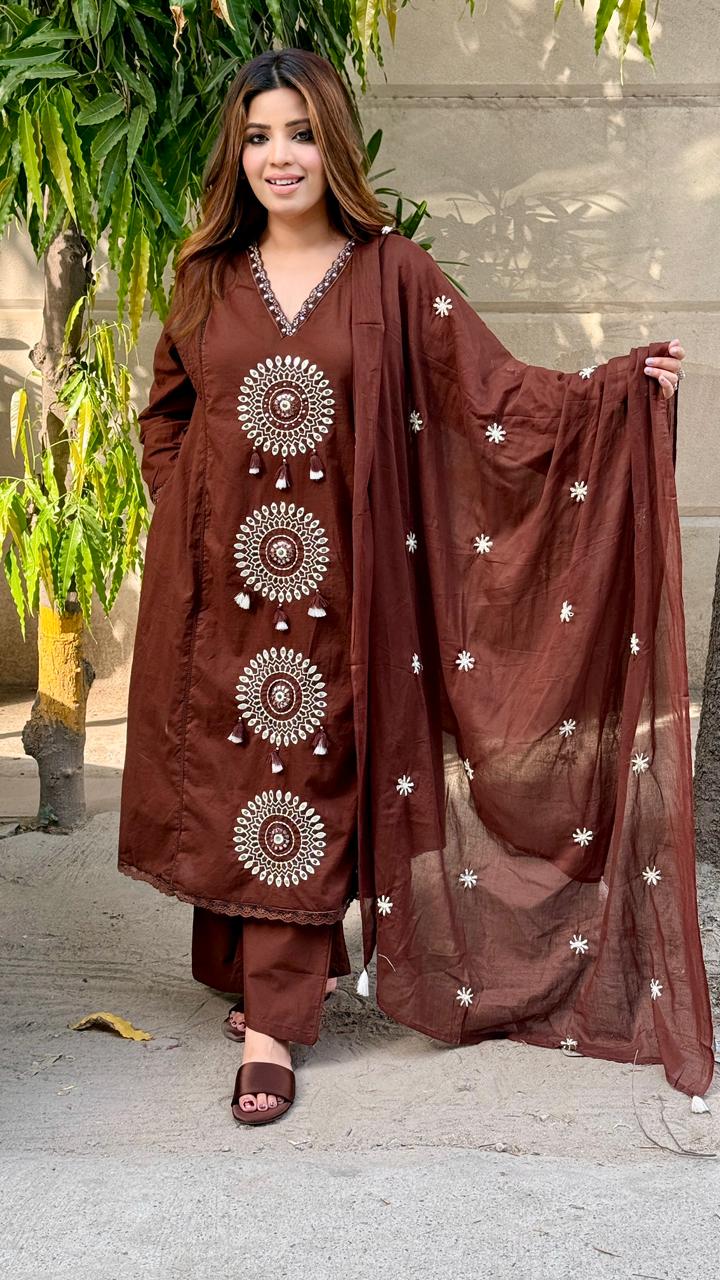 Vaani Cotton A-Line Suit Set- Brown