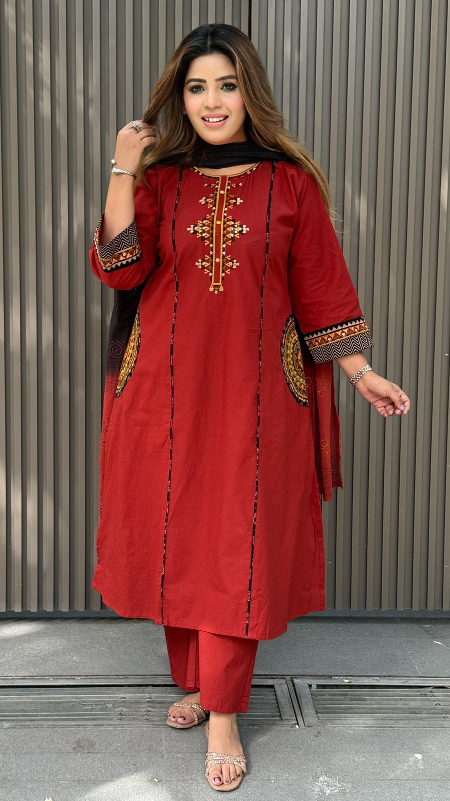 Gul Cotton A-Line Suit Set- Red, Blue